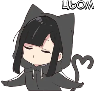 🌟 ЦЬОМ สาวอนิเมะ, หูแมว, เสื้อมีฮู้ด, น่ารัก, การ์ตูน, จูบ, ความรัก telegram sticker