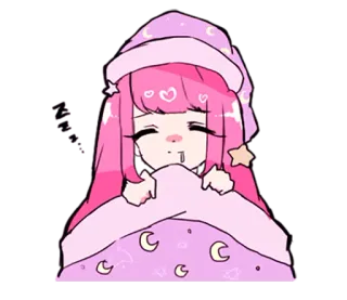 😴 Anime Mädchen, schlafend, kawaii, rosa, Cartoon, niedlich, verschlafen, Mond whatsapp sticker