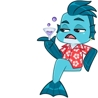 🐟 cartone animato, pesce, cocktail, camicia hawaiana, bevanda viola telegram sticker