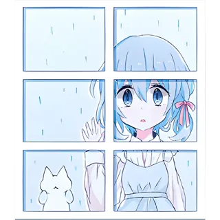 😔 Anime, Mädchen, Regen, Fenster, Katze, Süß, Traurig, Manga telegram sticker