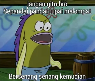 🤔 jangan gitu bro
Sepandai pandai tupai melompat
Bersenang senang kemudian Meme, Spongebob, Divertente, Cartoni animati telegram sticker