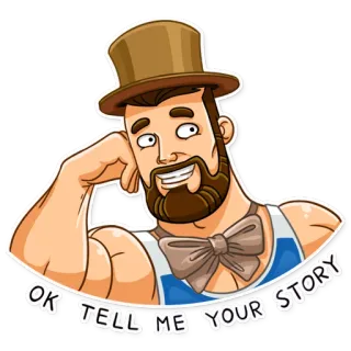 😏 OK TELL ME YOUR STORY man, hoge hoed, vlinderdas, cartoon, verhaal, illustratie, meme telegram sticker