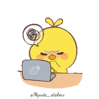 🐤 卡通, 小鸡, 思考, 笔记本电脑, 可爱, 黄色 telegram sticker