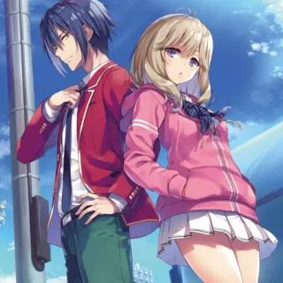 📕 Anime, Couple, Garçon, Fille, Uniforme rouge, Sweat rose, École, Illustration telegram sticker