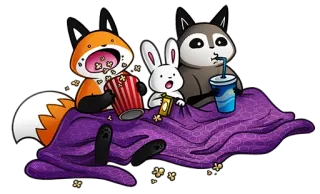 🎞 animales, zorro, conejo, lobo, noche de cine, palomitas, dibujos animados telegram sticker