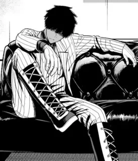 💀 Anime, Manga, Hombre, Sentado, Sofá, Traje de rayas, Botas telegram sticker