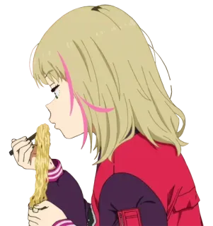 🍜 anime, eating, noodle, blonde hair, pink streak telegram sticker