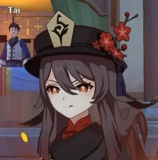 🤪 Hu Tao Genshin Impact Anime, Spiel, braune Haare, Hut, rote Augen telegram sticker