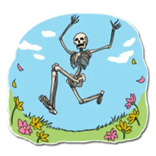 💐 scheletro, salto, fiori, cartone animato, cielo, felice, ossa telegram sticker