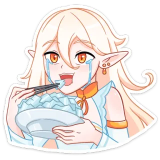 😭 Anime Mädchen, Essen, Eis, Weinen, Elf, Orange Augen, Weißes Haar whatsapp sticker