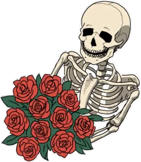 💐 โครงกระดูก, กุหลาบ, ช่อดอกไม้, กระดูก, ความตาย, โกธิค, ลายดอกไม้ telegram sticker