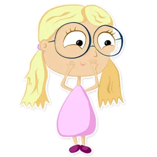 😊 kreskówka, dziewczyna, okulary, warkoczyki, blond włosy, różowa sukienka telegram sticker