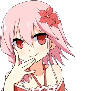 😋 anime, garota, olhos vermelhos, cabelo rosa, desenho animado, fofa, personagem, flor, lamber whatsapp sticker