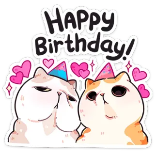 ❤️ Happy Birthday! fijne verjaardag, katten, feesthoedjes, harten, feest, groet whatsapp sticker