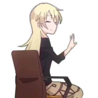 ✋ anime, garota, personagem, loira, sentada, cadeira, acenando telegram sticker
