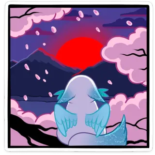 🌅 flores de cerezo, pájaro, atardecer, montañas, naturaleza, pacífico, paisaje telegram sticker