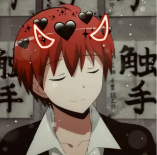 😇 Karma Akabane Assassination Classroom аниме, мультфильм, рыжие волосы, дьявол, сердечки, милый telegram sticker