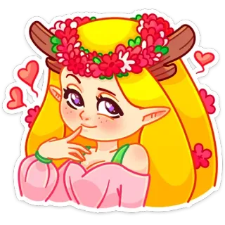 😍 elfo, fantasy, carino, cartone animato, personaggio, corona di fiori, corna, rosa, cuori telegram sticker