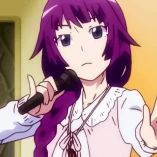 😂 Hitagi Senjougahara Bakemonogatari Anime, Frau, lila Haare, Mikrofon, Cartoon, Mädchen telegram sticker