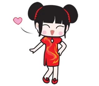 💕 Cartoon, Mädchen, Herz, rotes Kleid, Chinesischer Stil telegram sticker