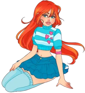 😍 cartone animato, ragazza, capelli arancioni, cuori, blu telegram sticker