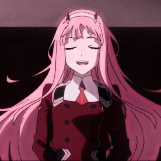 🍓 Zero Two Darling in the Franxx Anime, rosa Haare, Lächeln, Hörner, kawaii telegram sticker