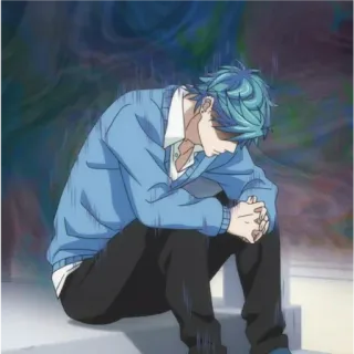 😔 anime, menino, triste, cabelo azul, sentado telegram sticker