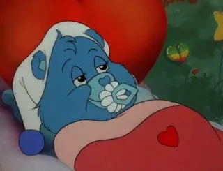 😴 Grumpy Bear Care Bears Bär, Cartoon, schläfrig, süß, Baby, Schnuller whatsapp sticker
