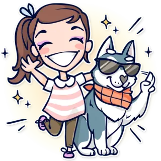 👋 dibujos animados, perro, gafas de sol, chica, mascota, amistad telegram sticker