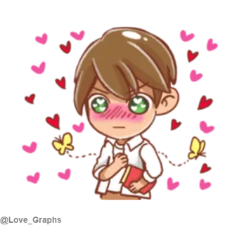 😐 bé trai, hoạt hình, đỏ mặt, tình yêu, trái tim, bướm, dễ thương, anime telegram sticker