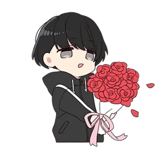 😊 Anime, Dessin animé, Personnage, Fleurs, Roses, Bouquet, Cadeau, Mignon telegram sticker