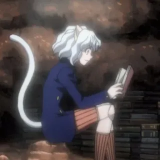 ⚜ Neferpitou Hunter x Hunter Anime, Chat, Lecture, Cheveux blancs, Oreilles de chat, Queue, Livre telegram sticker