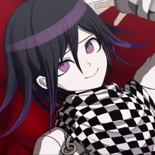 😅 Kokichi Oma Danganronpa аниме, персонаж, Danganronpa, Кокичи Ома, фиолетовые глаза, клетчатый узор, ложь, обманщик telegram sticker