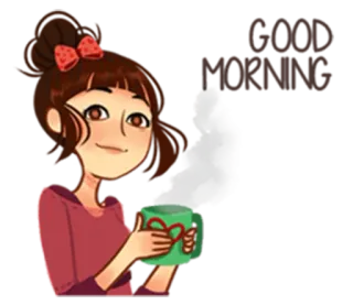 🌄 การ์ตูน, เด็กผู้หญิง, กาแฟ, น่ารัก, โบว์สีแดง, มีความสุข, อบอุ่น telegram sticker