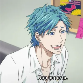 😈 Non importa. anime, cabelo azul, sorrindo, masculino, personagem telegram sticker