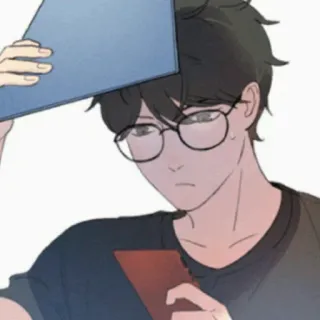 🦋 man, glasses, anime, cartoon, holding, phone telegram sticker
