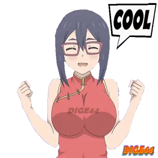 🆒 COOL anime girl, glasses, smiling, cheerful, cool, red dress, cartoon, manga telegram sticker