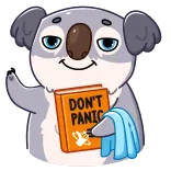 ☝️ DON'T PANIC 코알라, 책, 수건, 당황하지 마, 은하수를 여행하는 히치하이커를 위한 안내서, 만화 telegram sticker
