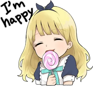 😋 I'm happy słodki, szczęśliwa, dziewczyna, lizak, kreskówka, blond, słodki whatsapp sticker