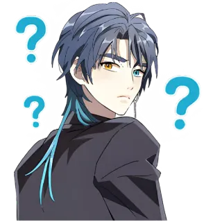 🤨 Anime, Signo de interrogación, Pensando, Confundido, Masculino, Pelo azul telegram sticker