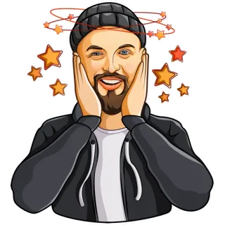 🥳 homem, gorro, estrelas, desenho animado, retrato, feliz whatsapp sticker