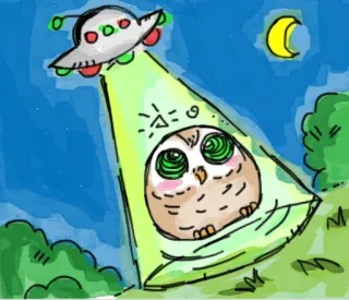 😵 сова, НЛО, похищение инопланетянами, мультфильм, ночь, луна, наклейка telegram sticker