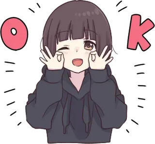 ✅ OK 动漫女孩, 好的, 可爱, 眨眼, 同意, 批准 whatsapp sticker