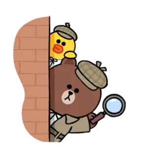 👮 Brown and Sally detective, LINE Friends, misterio, dibujos animados, personaje, lupa, mirando whatsapp sticker