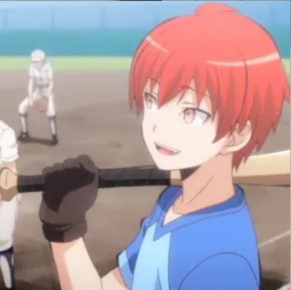 ✨ Karma Akabane Assassination Classroom anime, baseball, character, red hair, gloves telegram sticker