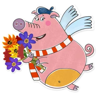 💐 porco, flores, desenho animado, animal, voando, asas, cachecol telegram sticker