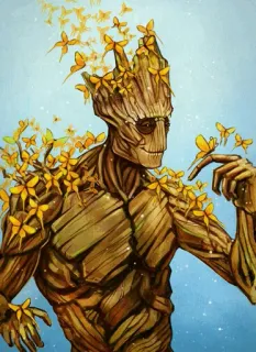🌴 Groot Guardians of the Galaxy Groot, cây, Marvel, nhân vật, Vệ binh dải Ngân Hà, bướm, truyện tranh telegram sticker