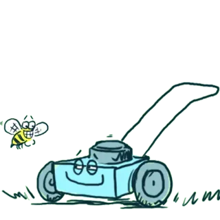 😉 เครื่องตัดหญ้า, ผึ้ง, การ์ตูน, หญ้า, เครื่องจักร, แมลง telegram sticker