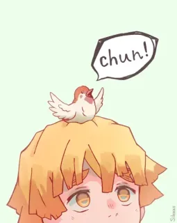 ©️ Zenitsu Agatsuma Demon Slayer chun! アニメ, 鬼滅の刃, 善逸, ちび, 鳥, 可愛い, チュン whatsapp sticker