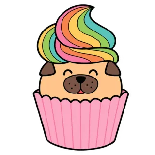 🍭 cupcake, carlin, chien, dessert, kawaii, arc-en-ciel, mignon, animal whatsapp sticker